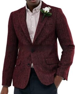 Mens Brown And Gray Herringbone Wool Suit Jacket - Wine Red, L