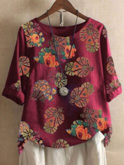 Floral print T-shirt - Wine Red, 5XL