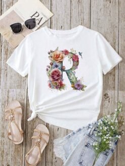 Stylish Womens T-shirt Featuring A Floral Letter Font With The First Letter Of Your Name Short-sleeve Top In White - D0240R, XXXL