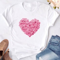 Pink heart-shaped flower print women's t-shirt casual funny t-shirt - White, XS