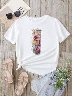 Stylish Womens T-shirt Featuring A Floral Letter Font With The First Letter Of Your Name Short-sleeve Top In White - D0240I, S