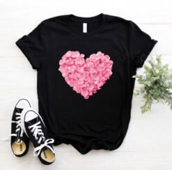 Pink heart-shaped flower print women's t-shirt casual funny t-shirt - Black, S
