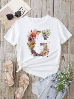 Stylish Womens T-shirt Featuring A Floral Letter Font With The First Letter Of Your Name Short-sleeve Top In White - D0240G, XXXL