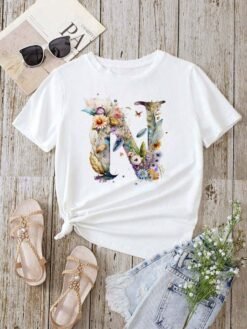 Stylish Womens T-shirt Featuring A Floral Letter Font With The First Letter Of Your Name Short-sleeve Top In White - D0240N, L