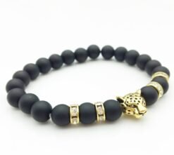 8mm Natural Stone Lava Stone Bead Bracelet For Men Leopard Head Leopard Pendant Charm Bracelet Handmade Jewelry - Gold frosted black