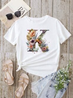 Stylish Womens T-shirt Featuring A Floral Letter Font With The First Letter Of Your Name Short-sleeve Top In White - D0240K, L