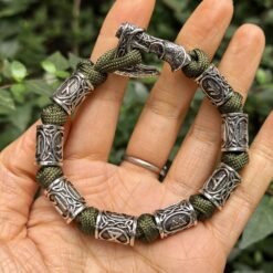 Handmade Paracord Viking Rune Bead Bracelet - Army Green, 19cm