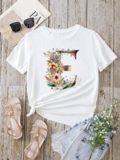 Stylish Womens T-shirt Featuring A Floral Letter Font With The First Letter Of Your Name Short-sleeve Top In White - D0240E, XL