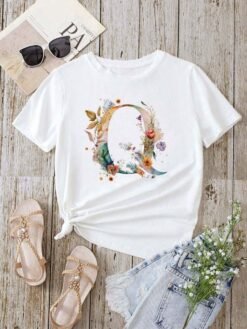 Stylish Womens T-shirt Featuring A Floral Letter Font With The First Letter Of Your Name Short-sleeve Top In White - D0240Q, XXL