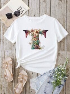 Stylish Womens T-shirt Featuring A Floral Letter Font With The First Letter Of Your Name Short-sleeve Top In White - D0240T, XL