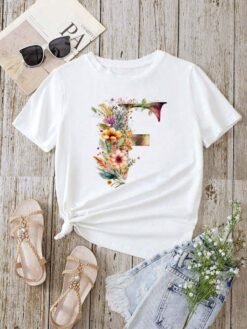 Stylish Womens T-shirt Featuring A Floral Letter Font With The First Letter Of Your Name Short-sleeve Top In White - D0240F, L