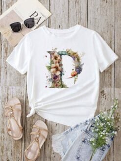 Stylish Womens T-shirt Featuring A Floral Letter Font With The First Letter Of Your Name Short-sleeve Top In White - D0240P, XXXL