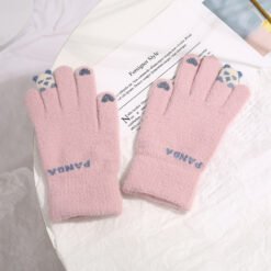 Knitted Gloves Touchscreen Winter Cute Panda Warm Goves For Cycling Women - Pink