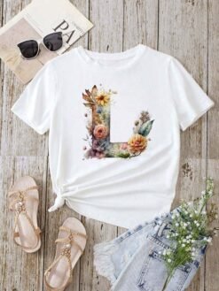 Stylish Womens T-shirt Featuring A Floral Letter Font With The First Letter Of Your Name Short-sleeve Top In White - D0240L, XL