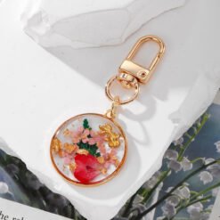 Gladiolus Dried Flower Keychain Creative Resin - Pink Floral Green Leaves