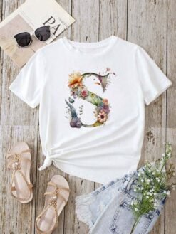Stylish Womens T-shirt Featuring A Floral Letter Font With The First Letter Of Your Name Short-sleeve Top In White - D0240S, XL