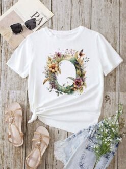 Stylish Womens T-shirt Featuring A Floral Letter Font With The First Letter Of Your Name Short-sleeve Top In White - D0240O, XXL