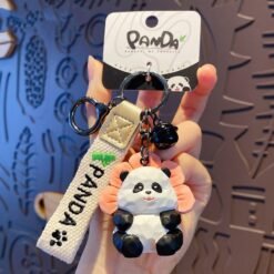 Resin Wood Carving Panda Keychain Pendant - Flower Style, OPP Bag Packaging
