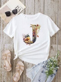 Stylish Womens T-shirt Featuring A Floral Letter Font With The First Letter Of Your Name Short-sleeve Top In White - D0240J, XXXL